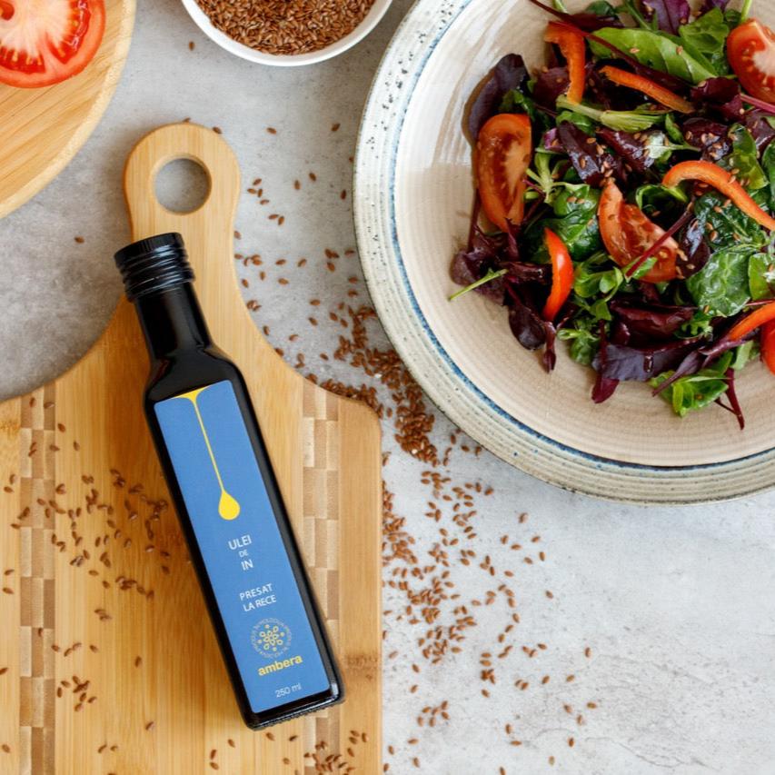 Detaliu etichetă ulei de in Ambera, 100% natural din semințe de in moldovenești