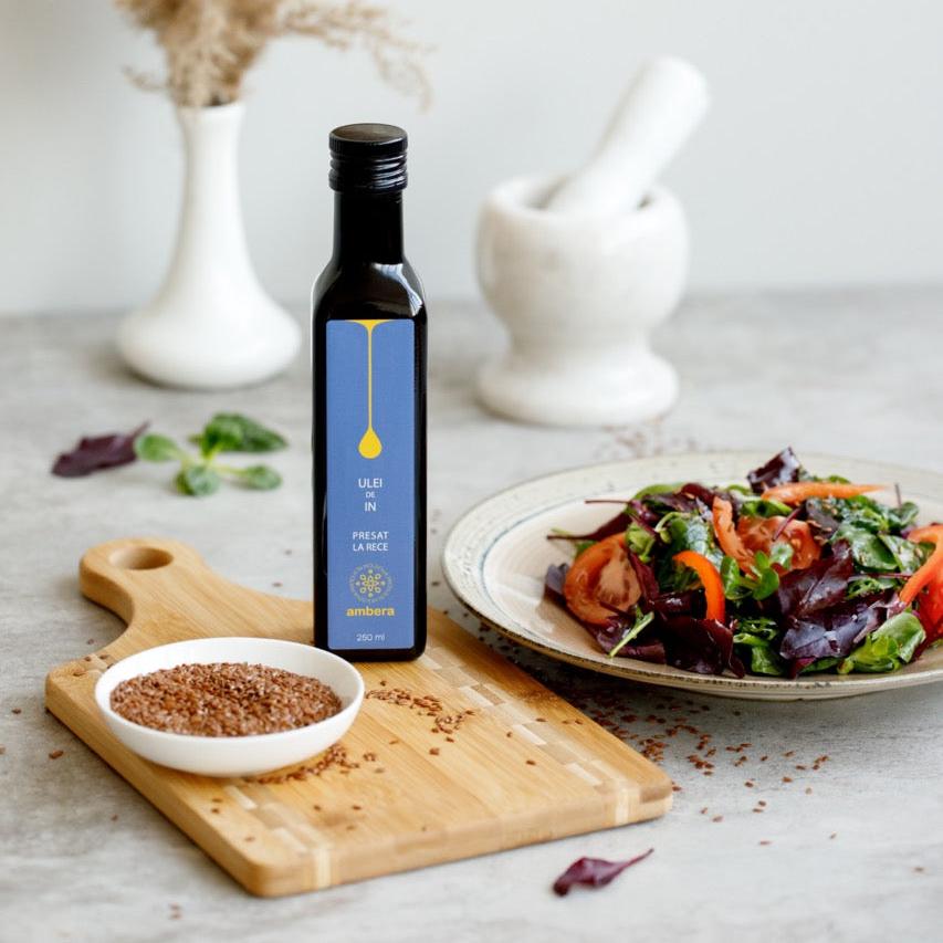 Sticlă ulei de in Ambera Moldova 250ml, presat la rece, utilizare zilnică dimineața