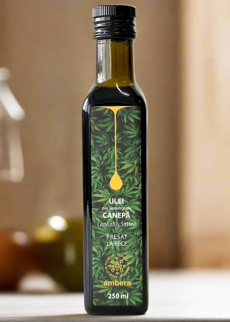 Sticlă ulei de cânepă Ambera Moldova 250ml, raport ideal Omega 3:1 pentru sănătate