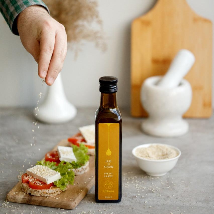 Sticlă ulei de susan Ambera Moldova 250ml, presat la rece, utilizare culinară și terapeutică